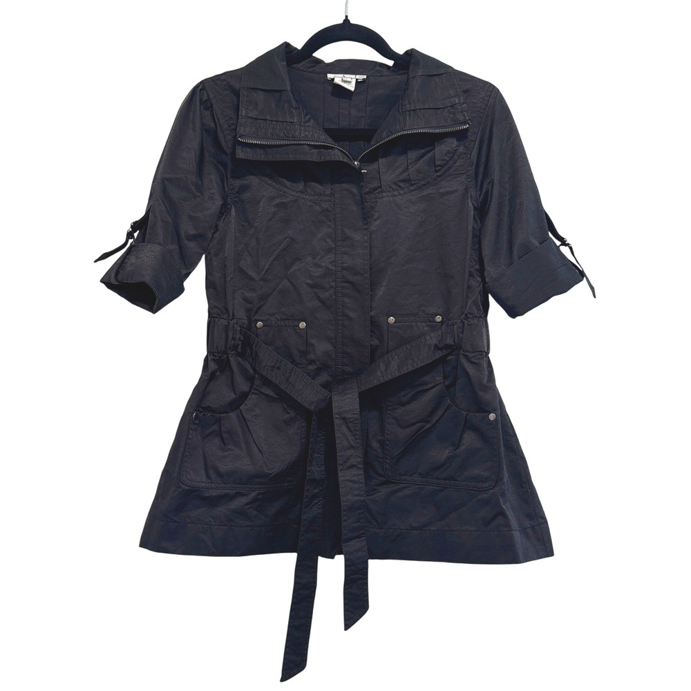 Luii Black Belted Jacket Roll‎ Tab Sleeve Lightweight Coat S Preppy Retro Pin-up